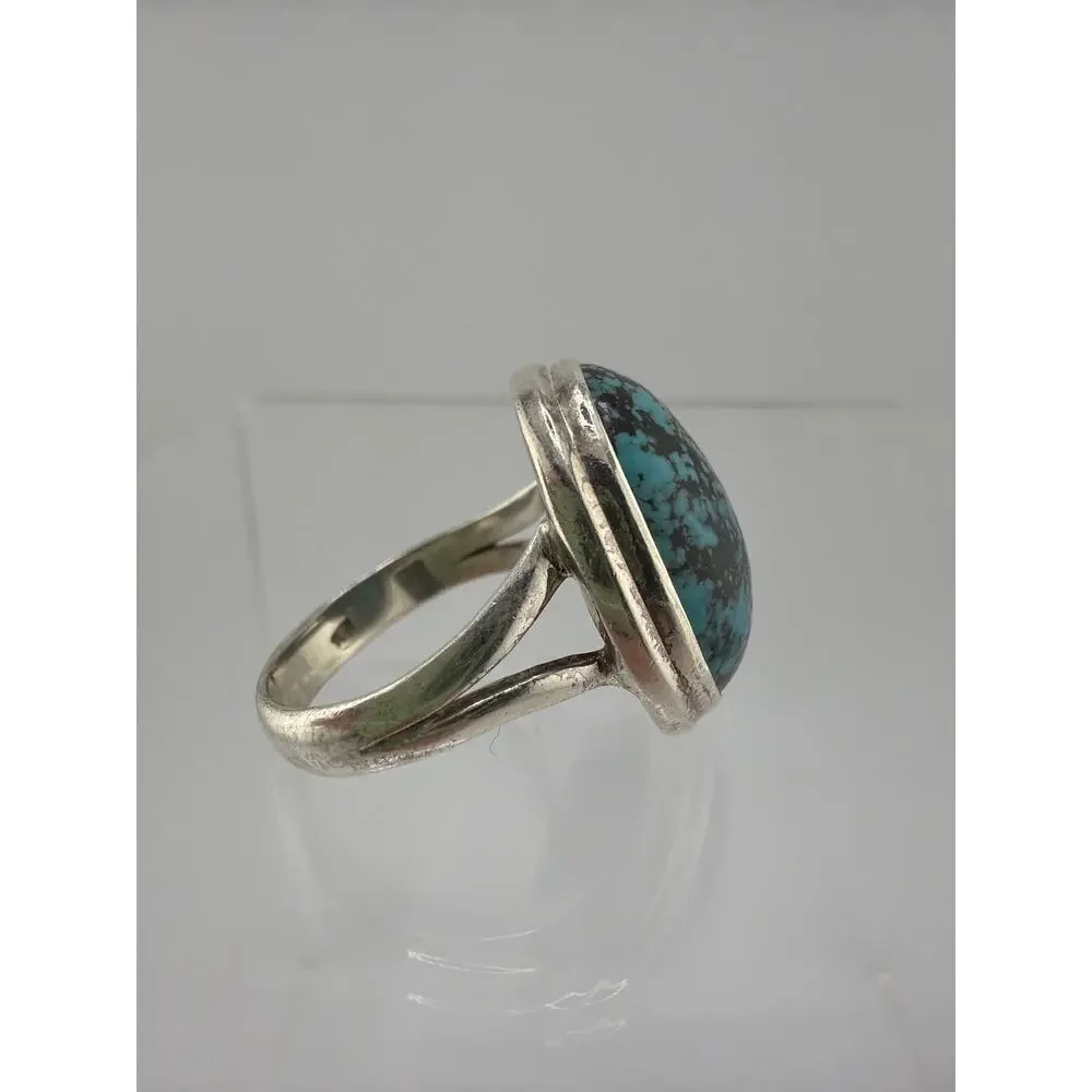 Large Oval Turquoise Matrix 925 Sterling Silver Statement Ring Size 9.5
